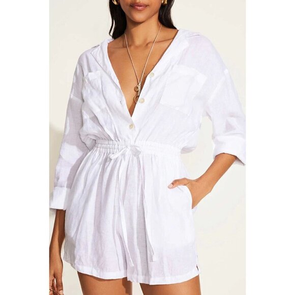 VITAMIN A Getaway Long Sleeve Linen Cover-Up Romper in White Eco Linen Large - Picture 3 of 14